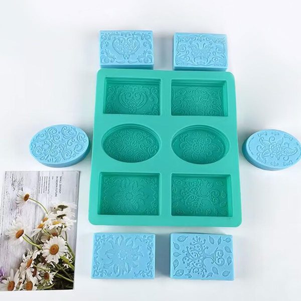 قالب صابون سيليكون 4 قطع مستطيل - 2 بيضاوي - منقوش لعمل الصابون،