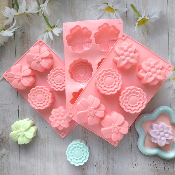 قالب سيليكون بـ 6 عيون دائرية اشكال زهور ، مناسبة للصابون المصنوع يدويًا والخبز والكيك والشوكولاتة والحرف اليدوية المنزلية