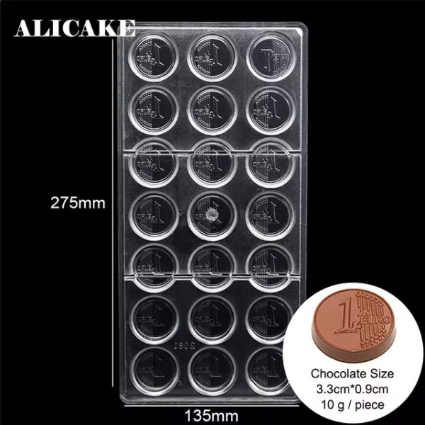 قالب شوكولاتة من الاكريليك بولي كربونات شكل عملات يورو مكون من 21 فتحة والكيك والموس والشوكولاتة،