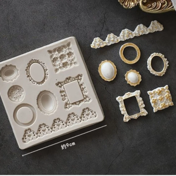 قالب سيليكون إطار الصورة الدانتيل نمط خمر مرآة السكر كرافت  برواز لتزيين الكعكة كب كيك توبر، عجينة السكر الراتنج الحرف اليدوية