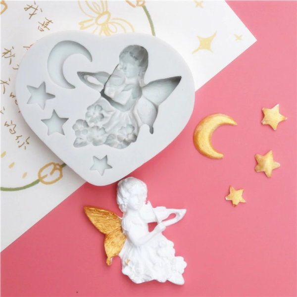قالب سيليكون ثلاثي الأبعاد على شكل نجمة وقمر وردية اللون وفتاة ملاك