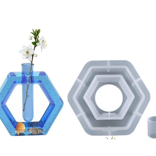 قالب صب مزهرية من راتنج السيليكون مع أنبوب اختبار للزراعة المائية/الزهور (شكل سداسي)