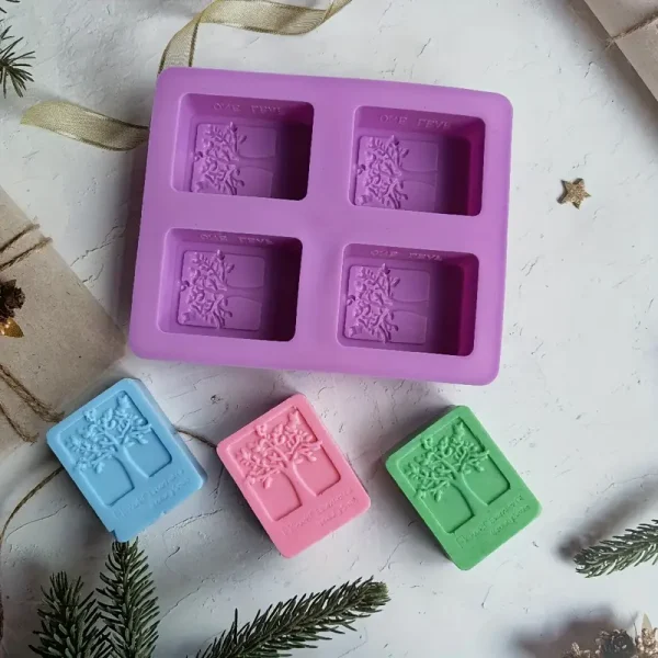 قالب صابون سيليكون بأربعة تجاويف، مستطيل الشكل على شكل شجرة السعادة، صناعة يدوية ثلاثية الأبعاد، قابل لإعادة الاستخدام لصنع الصابون منزليًا
