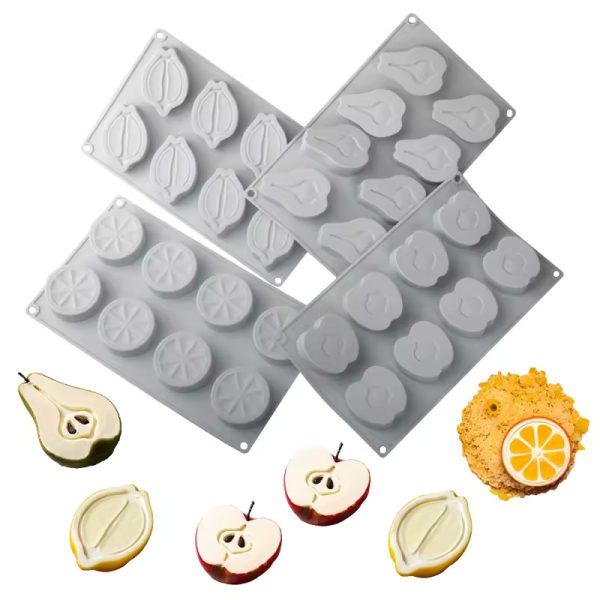 4 قوالب كيك سيليكون ثلاثي الأبعاد على شكل برتقال تفاح ليمون كمثرى موس كيك الشوكولاته