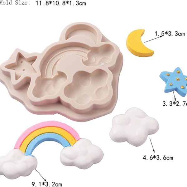 قالب سيليكون ثلاثي الابعاد على شكل سحابة بالوان قوس قزح، قالب على شكل قمر ونجمة لتزيين الكيك والكب كيك والشوكولاتة
