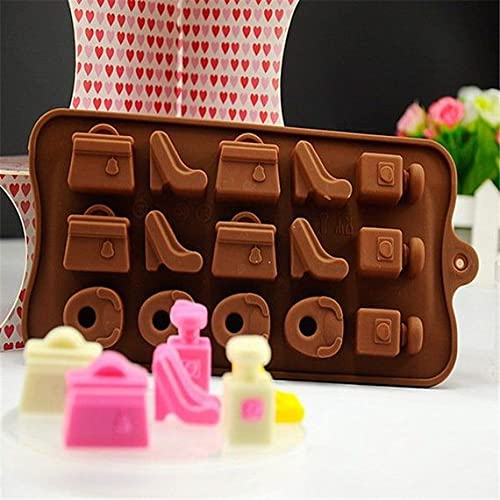 قالب شوكولاتة من السيليكون على شكل شنطة وكعبة وميكب حذاء نسائي بكعب عالٍ ومحفظة قالب شوكولاتة من السيليكون