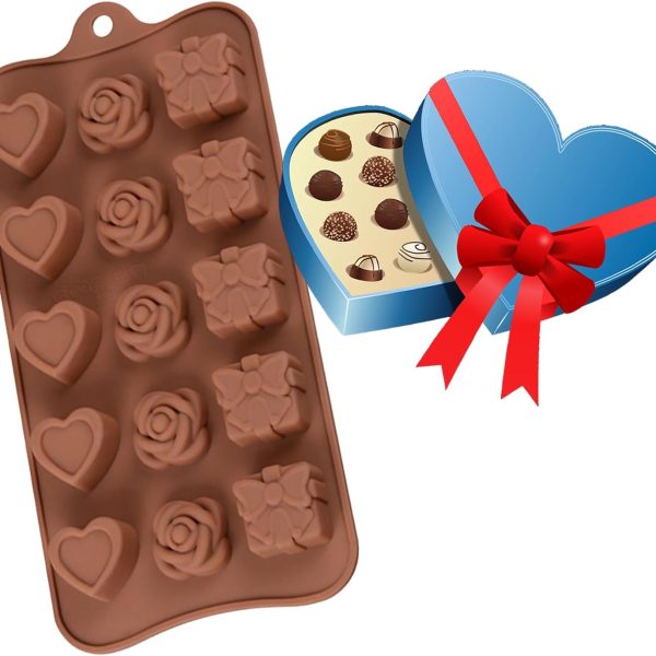 قوالب سيليكون للشوكولاتة والحلوى الجيلاتينية، 5 قطع على شكل قلب، 5 قطع على شكل وردة، 5 قطع على شكل هدية، 21×10.5 سم، لوكسر