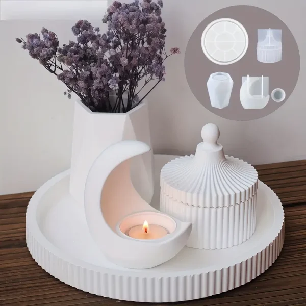 قولب سيليكون كونكريت عرض صنية 23 سم بكنار قالب الهلال البوبونيرة فازة 4 قوالب