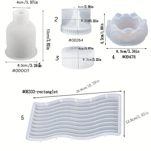 4 قوالب سيليكون كونكريت مكونه من الفازة والسكرية المخططة الترند ومبخرة اللوتس وصنية الريبنو المموجه 25 سم