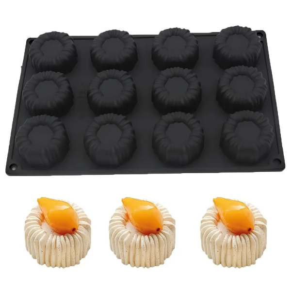 قالب سيليكون أسود موس كيك للحلويات الفرنسية للشوكولاتة والجيلي والموس - أسطوانية بتصميم مُخدد 3D، مقاوم للحرارة،