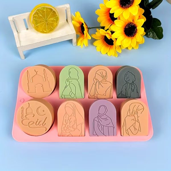 قالب سيليكون 8 تجاويف بنقوش مستوحاة من الشرق الأوسط واللغة العربية، مناسب لصنع الصابون والشموع  -، ونقوش إسلامية، سهل الفك